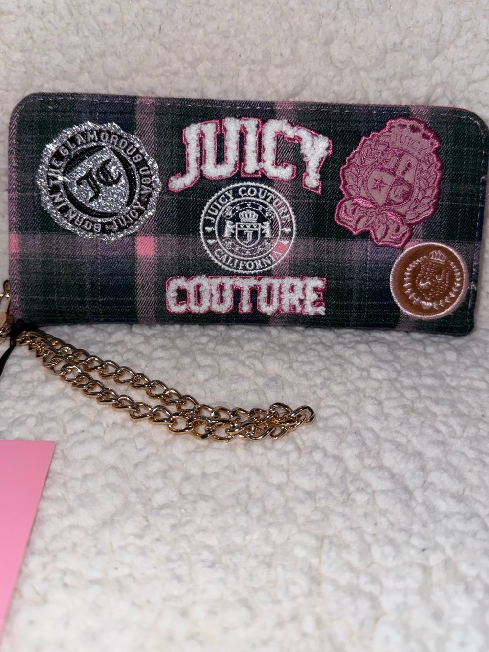 NWT Juicy Couture Juicy Varsity Green and Pink Plaid Logo Wristlet Wallet